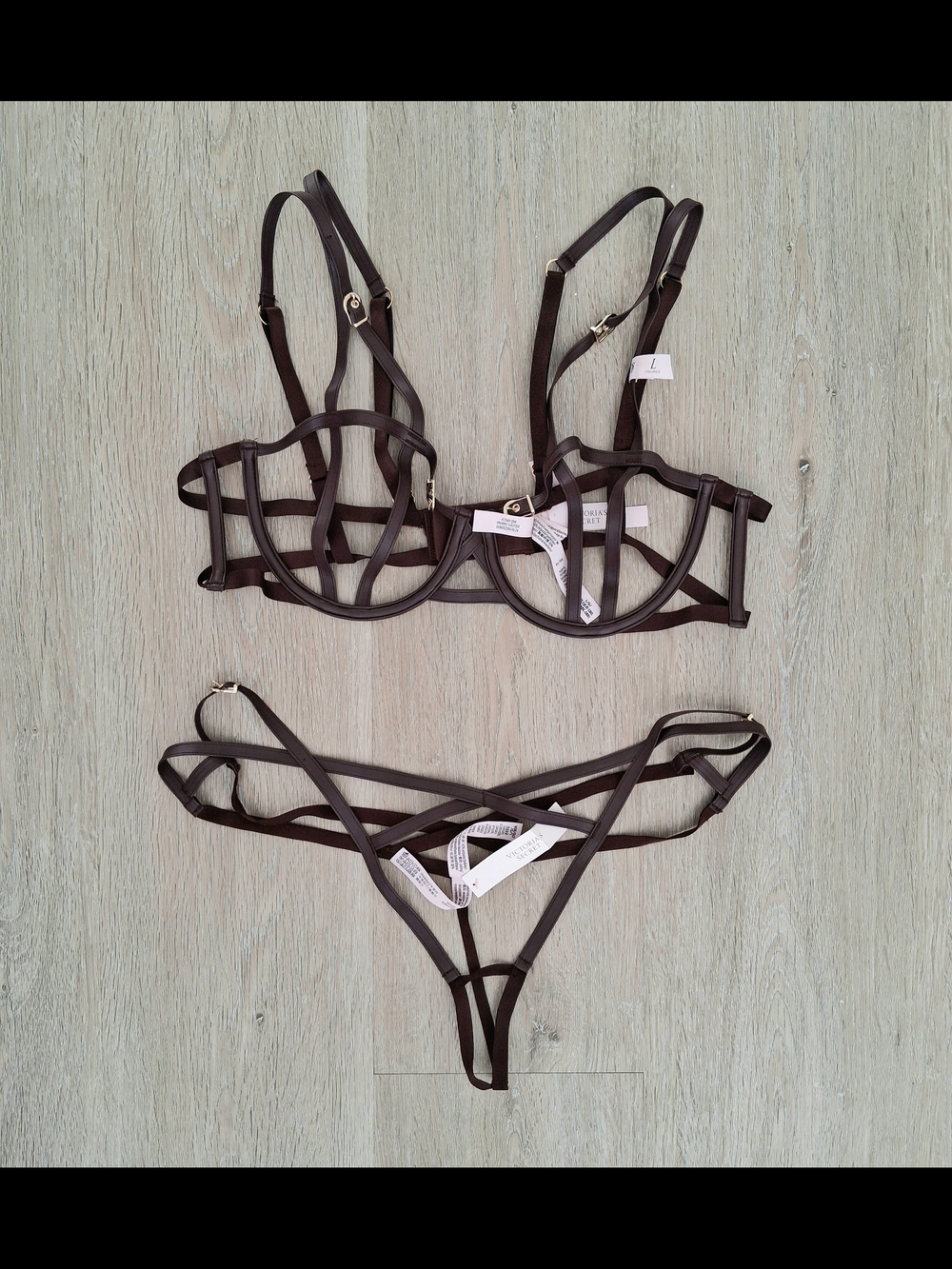 Victoria's Secret Faux Leather Open-cup Balconette Bra & Thong Set Size L